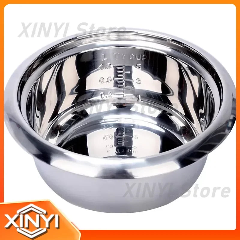 Stainless steel inner pot with measuring cup markings and central steam hole