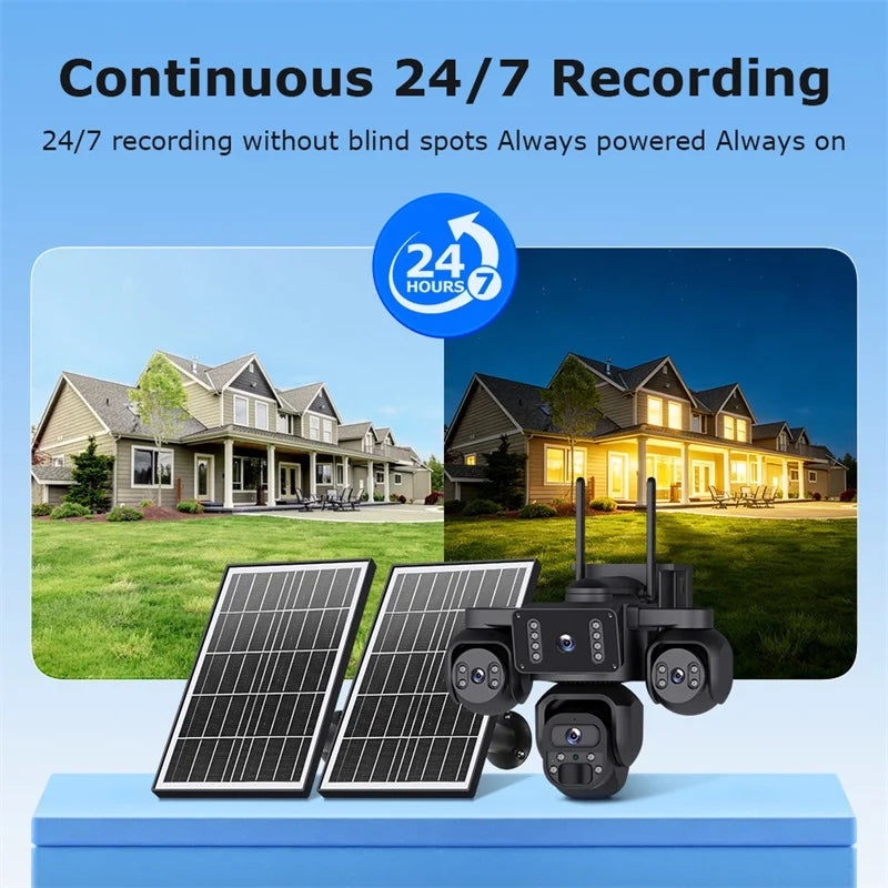 OKAM PRO AOV 24/7 Online Four Lens  AI Solar Camera Security Outdoor 360° Panoramic View CCTV  20100mAh Batterys Night Vision
