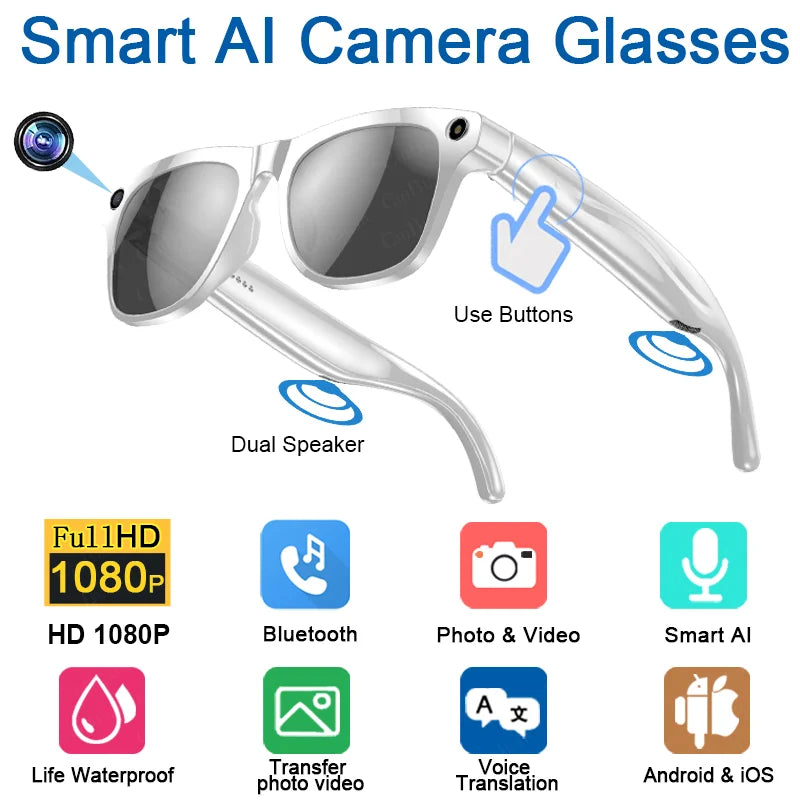 Smart Glasses with AI Camera and 1080P HD Bluetooth Audio White Tidesmit