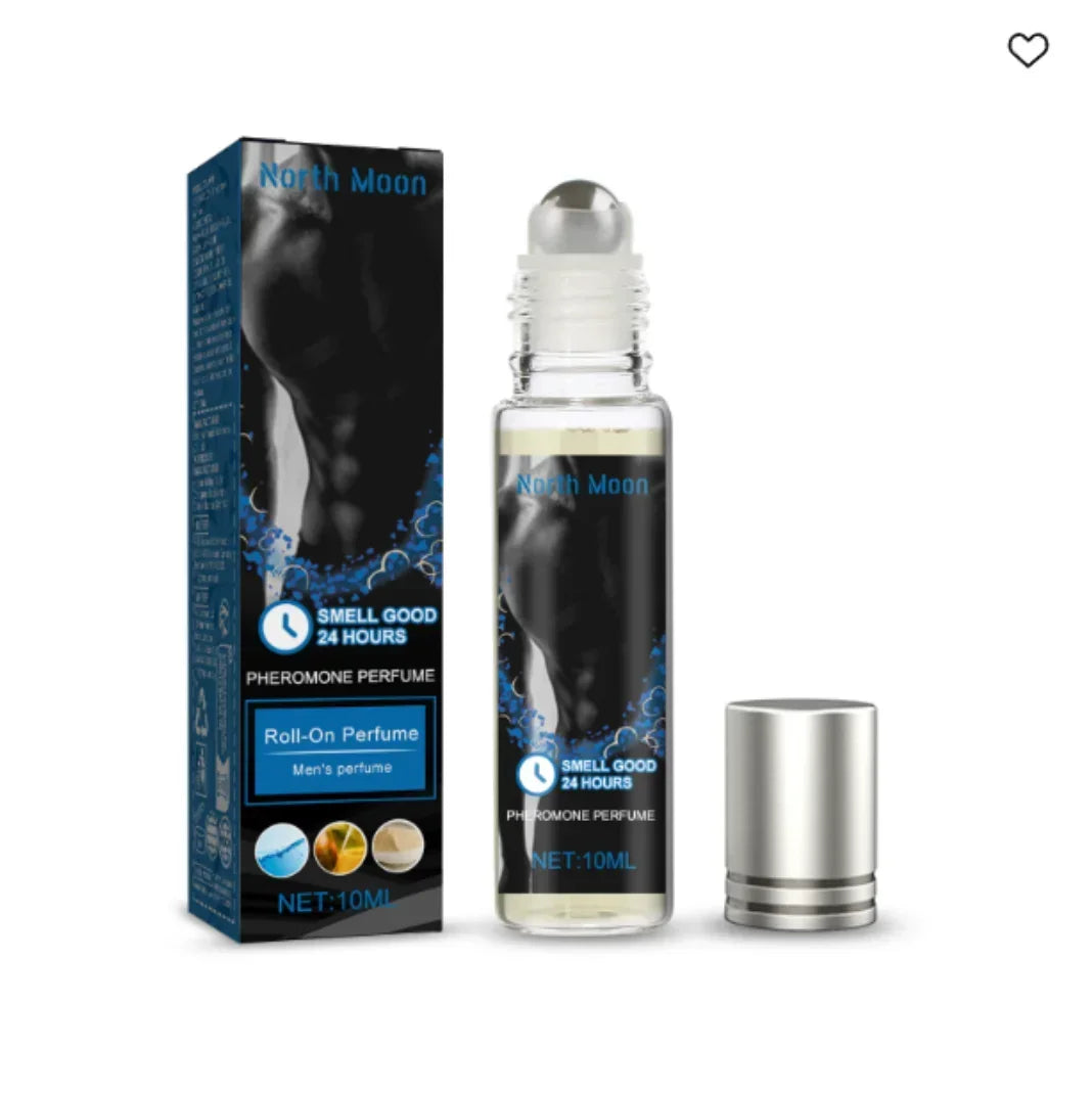 North Moon pheromone roll-on perfume for men. 10ml travel-size cologne bottle with silver cap, 24-hour fragrance.