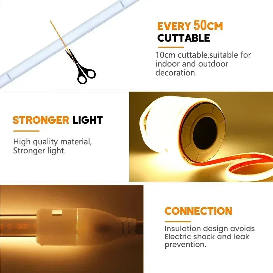 220V COB LED Strip with Switch /Dimmable Waterproof 360LED Strip EU Plug for Outdoor Indoor Room Backlight Garden Kitchen TV