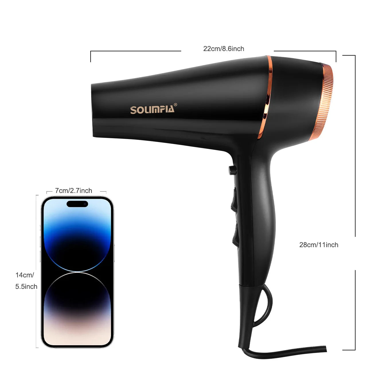 Black Solimpia professional hair dryer with rose gold accents, featuring 6-level settings for quick salon styling.