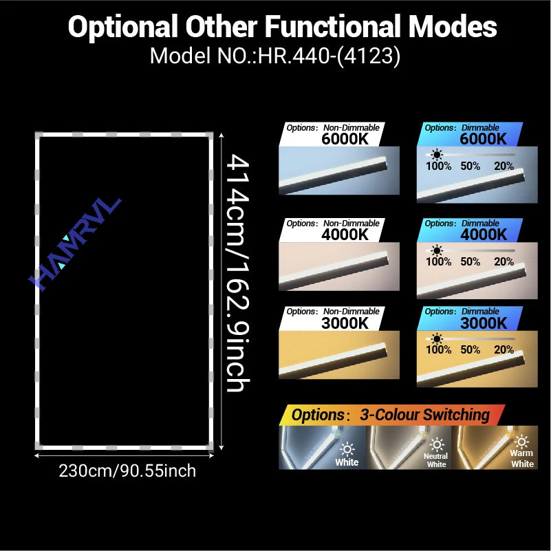 Rectangular LED ceiling light sizing diagram, 230cm x 92cm x 14.4cm