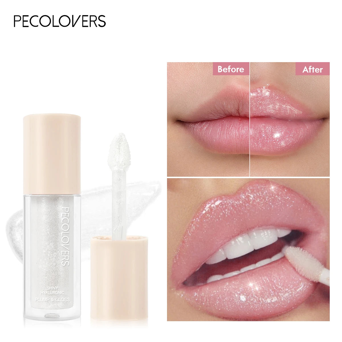 PECOLOVERS glitter plumping lip gloss with shiny, moisturizing, long-lasting mirror-finish formula.