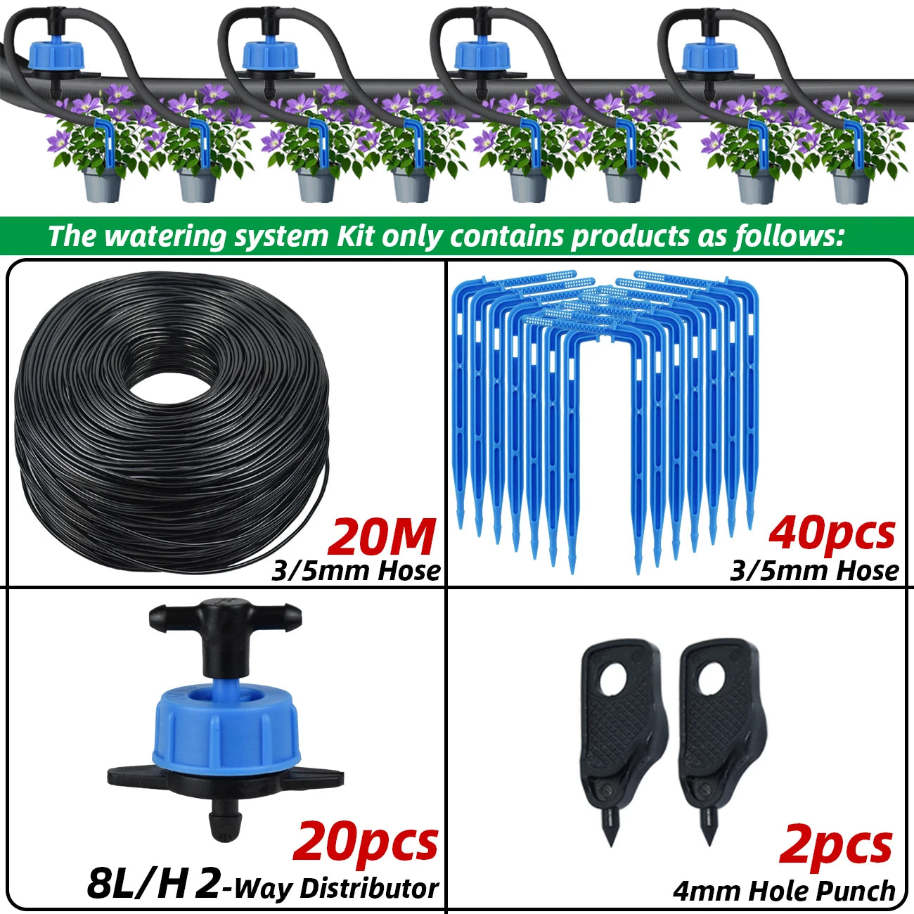 2-way drip irrigation kit with blue 3/5mm hose coil, black drippers and hole punch