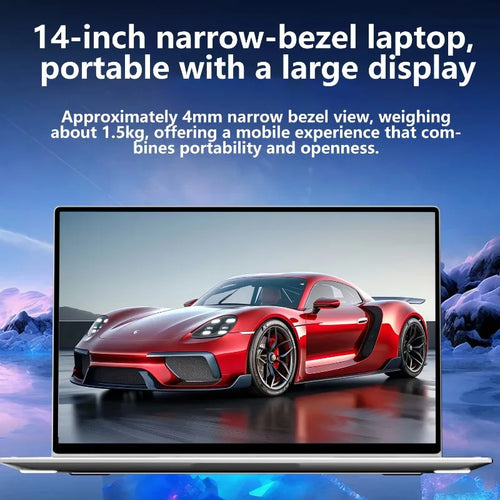 Silver 14-inch slim laptop with thin screen bezels, displaying a red sports car on the screen.