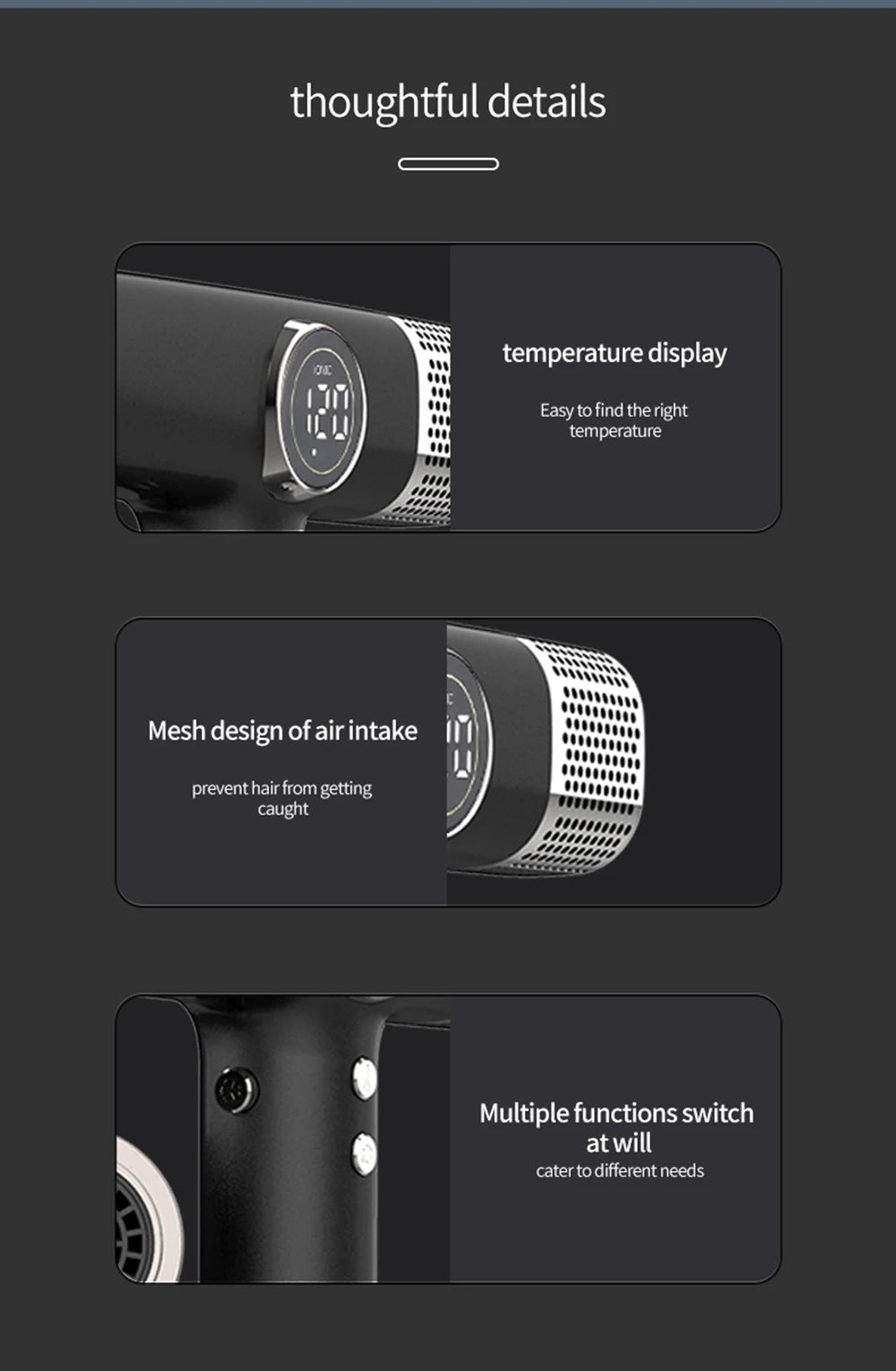 Black 1800W high-speed hair dryer features digital temperature display, anti-tangle mesh intake, and control buttons.