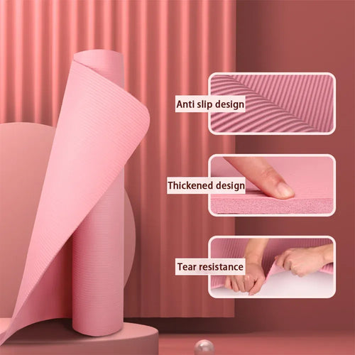 8mm NBR anti-slip yoga mat in smart yoga mats category, pink thickened fitness floor mat, side angle view for beginners.