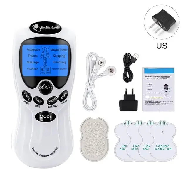 Digital therapy massager with white handheld device, blue backlit display, cables, electrode pads, and power adapters.