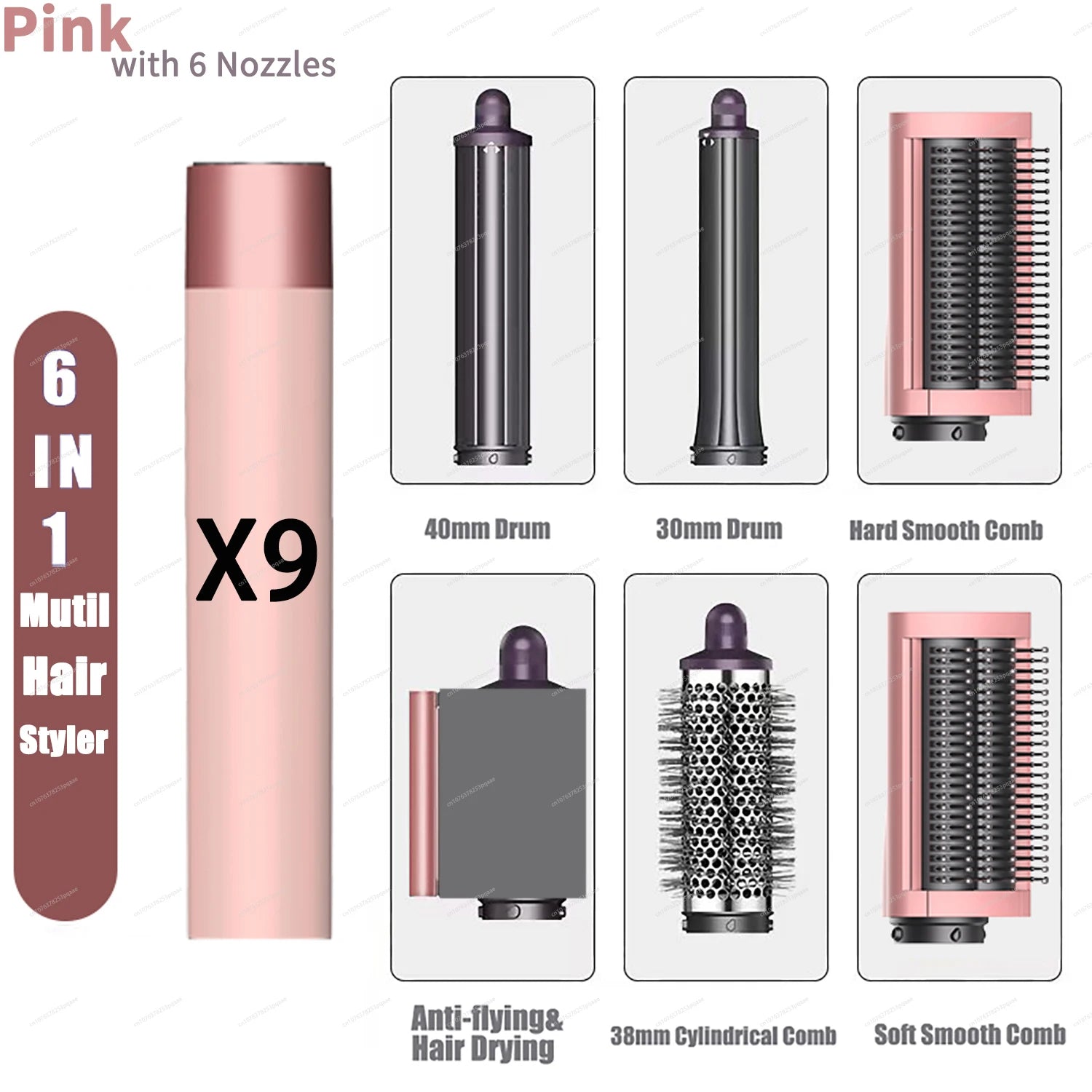 Sencimen X9 pink 6-in-1 hair styler set with auto curling barrels, smoothing combs, and hair dryer nozzle attachment.