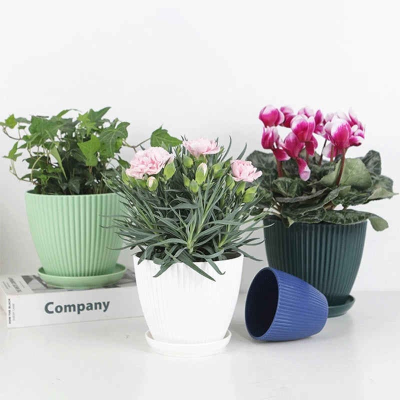 Plastic Flower Pots with Tray Solid Color Plant Pot Thickened Double Layer Green Plant Potted Planters Gardening Supplies