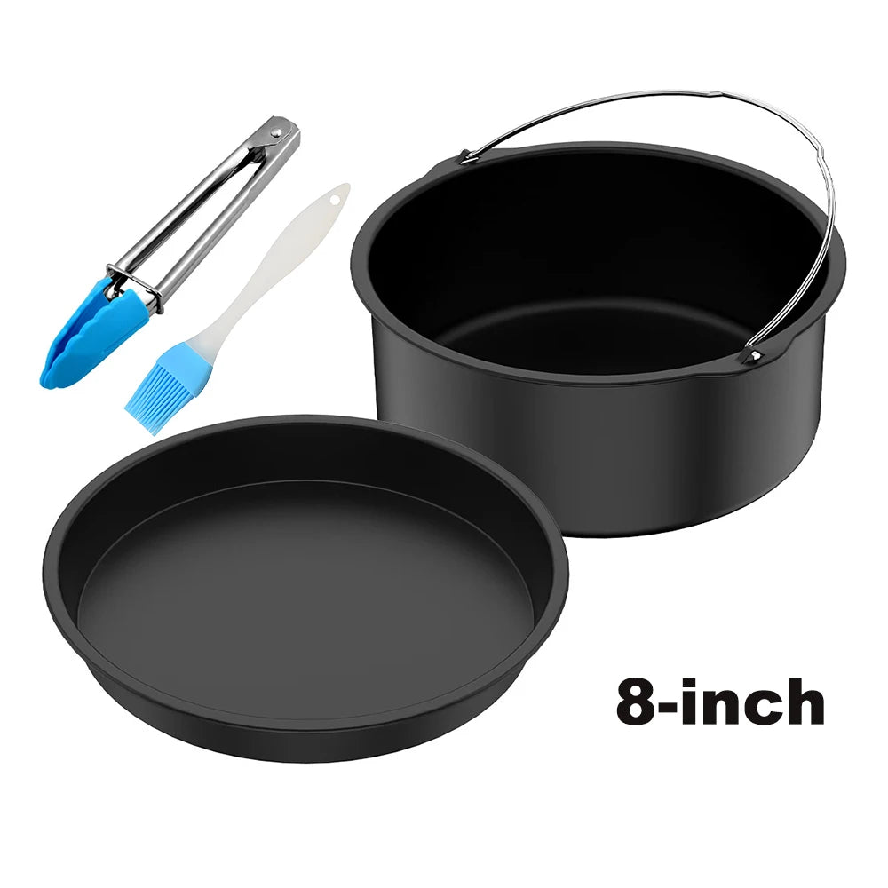 8-inch air fryer baking pan set with two pans, brush, and spatula