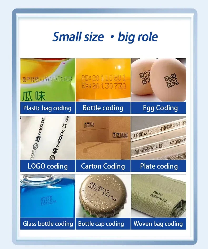 Label printing examples chart with QR, date, and barcode coding blocks