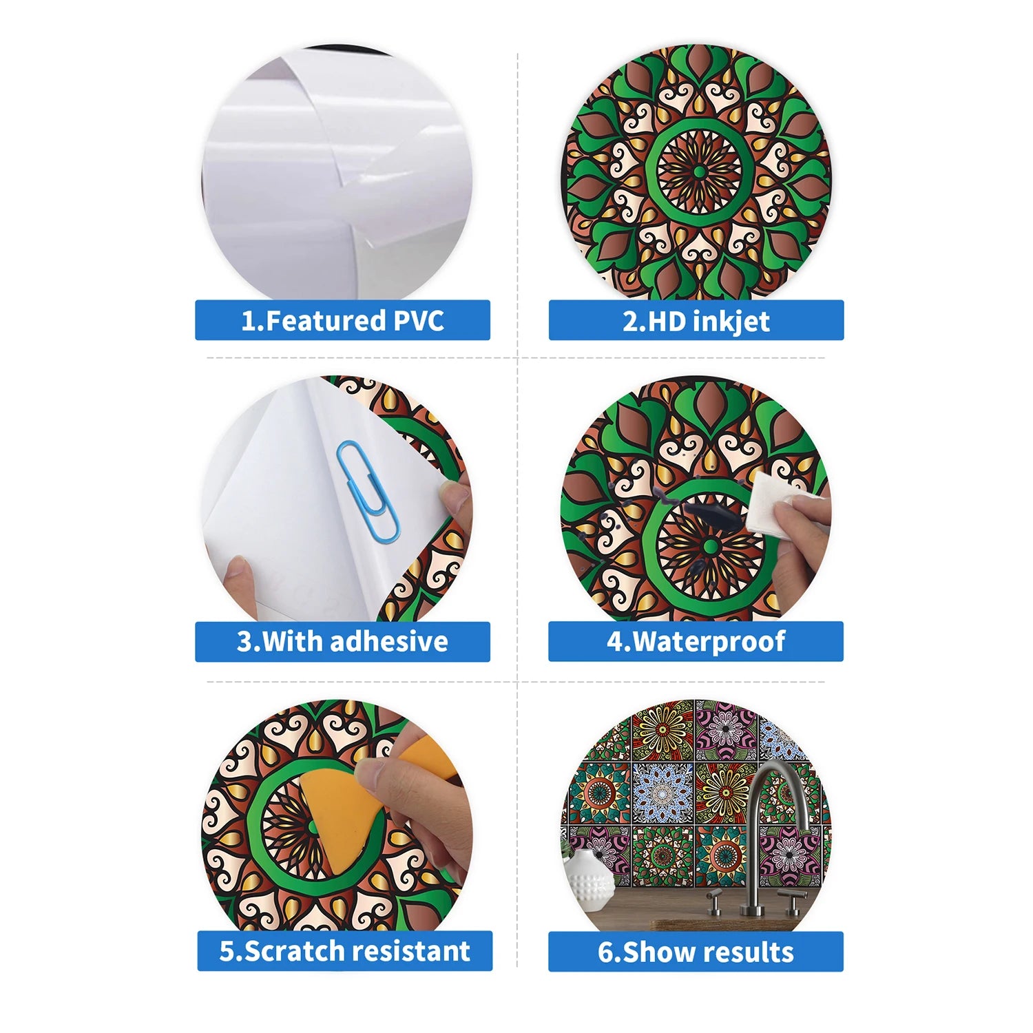 10 pcs/pack, Floral Mandala PVC Self-Adhesive Tile Stickers - Waterproof, Oil-Proof, Easy to Clean for Home Decoration