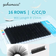 Tray of 16 rows of black individual eyelash extensions, varying in length from 8-15mm, with C, CC, and D curls.