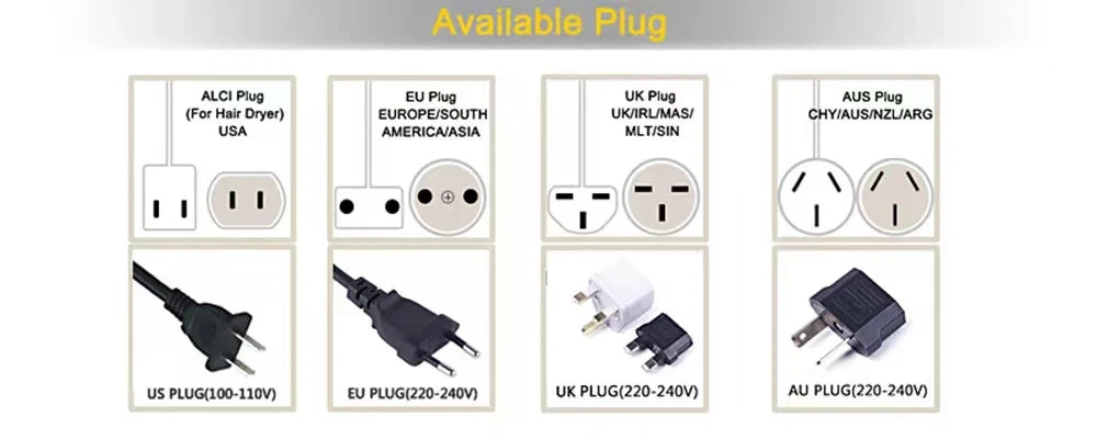 International plug adapters for 2in1 hair dryer and straightener styling tool: US, EU, UK, and AU power options.