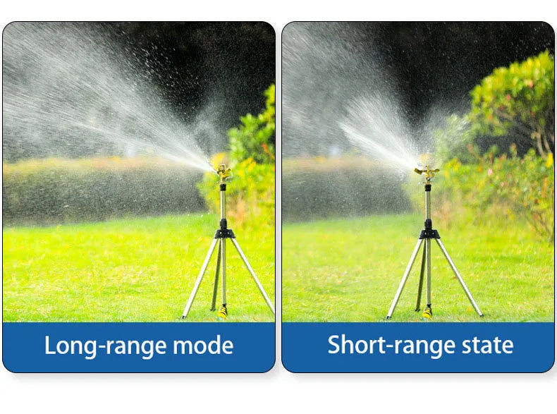Tripod sprinkler showing long-range spray coverage for lawn watering