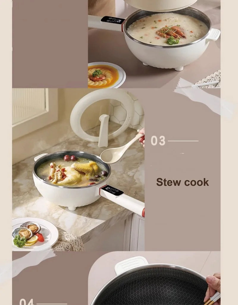 Electric cooking pot on countertop, shown with ladle and stew simmering in nonstick pan