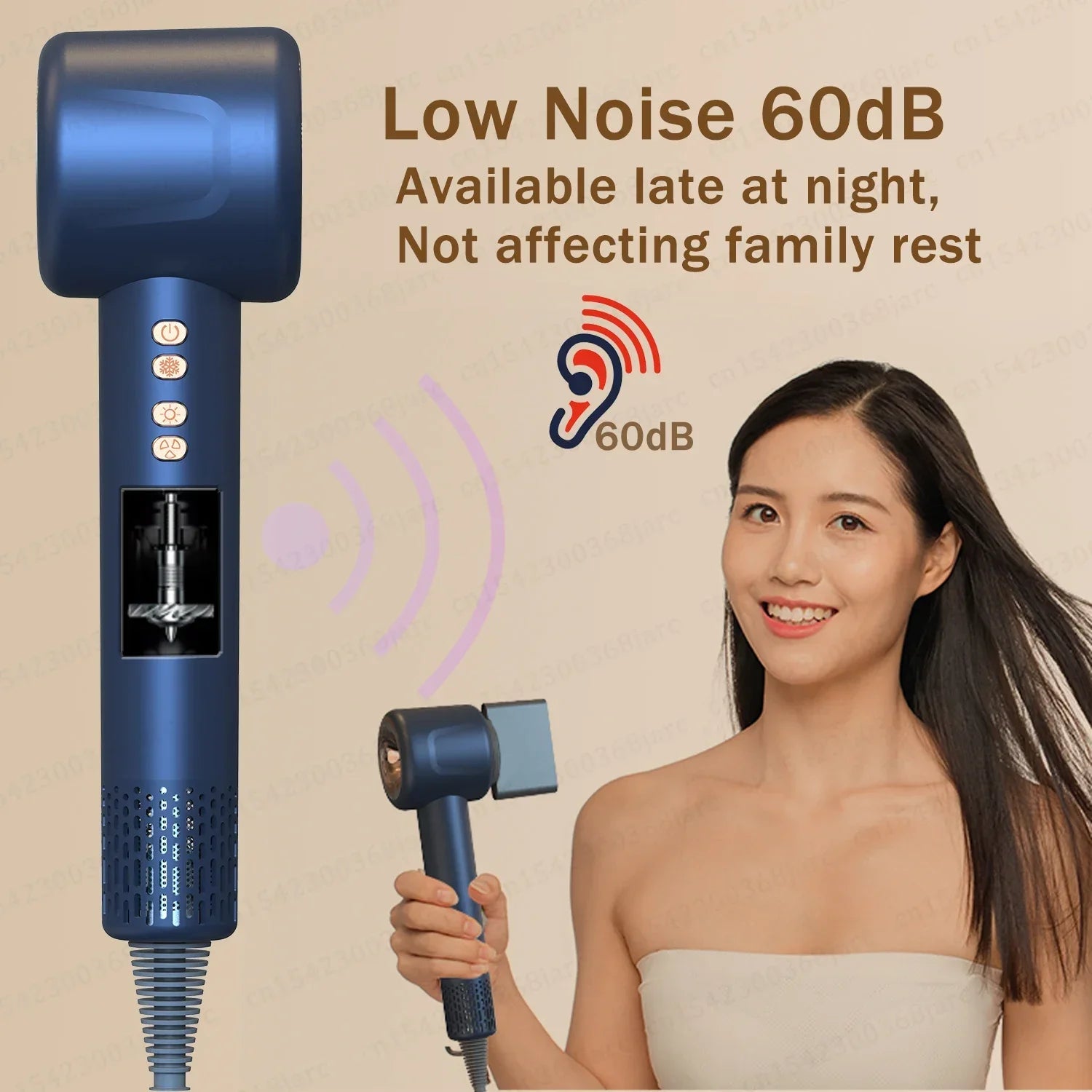 Blue 1600W leafless negative ion hair dryer with silent 60dB motor, styling nozzle, and professional ergonomic design.