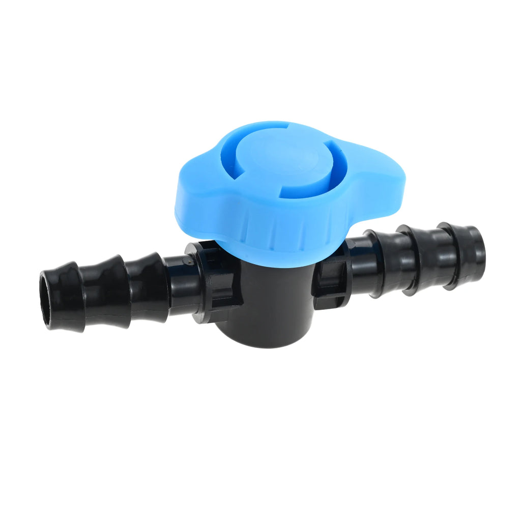 1/2 in drip irrigation barbed shut-off valve, blue top knob, black fitting ends