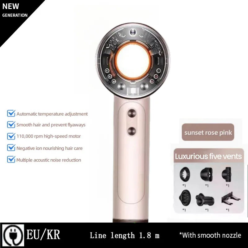 Sunset rose pink high-speed professional hair dryer with 6 attachments and negative ion technology for fast drying.