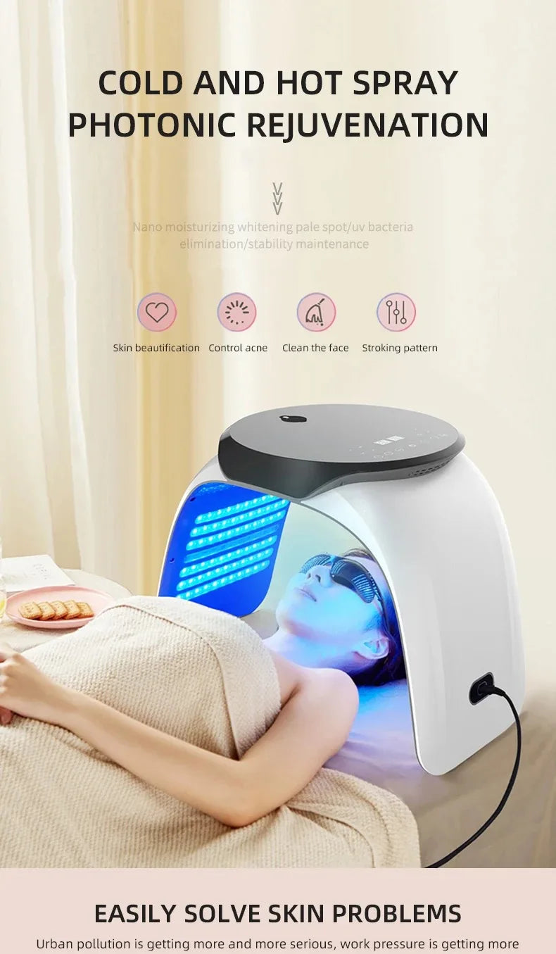 7-color PDT LED light therapy mask for facial rejuvenation, acne removal, and anti-aging in a home spa device.
