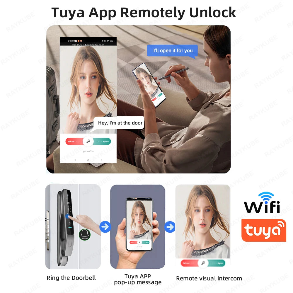 New RAYKUBE X50 Tuya WiFi 3D Face Recognition Digital Fingerprint Door Lock With WiFi Camera Remote APP Video Call 10-language