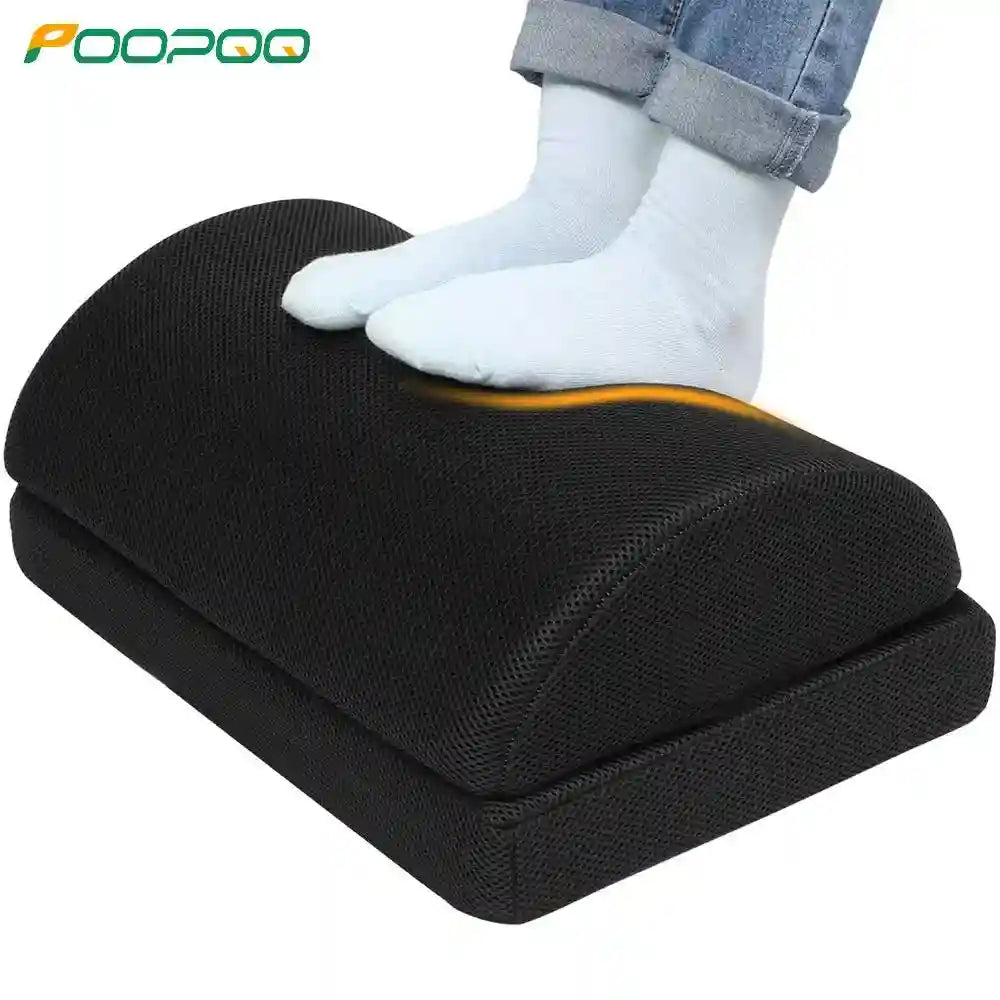 Black memory foam under desk foot rest for office and gaming chairs provides ergonomic pain relief for feet and back.