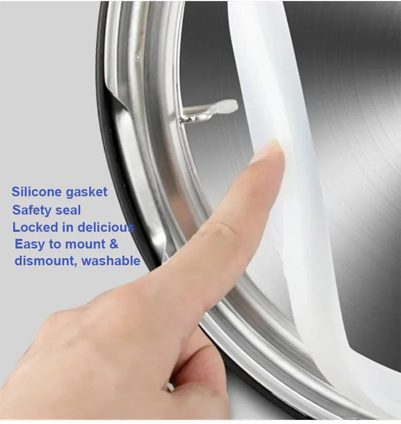 Stainless lid edge with silicone gasket, hand pressing the seal area