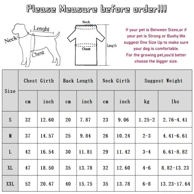 Size chart for waterproof winter dog jumpsuit: measure chest and length for the perfect fit for your puppy.
