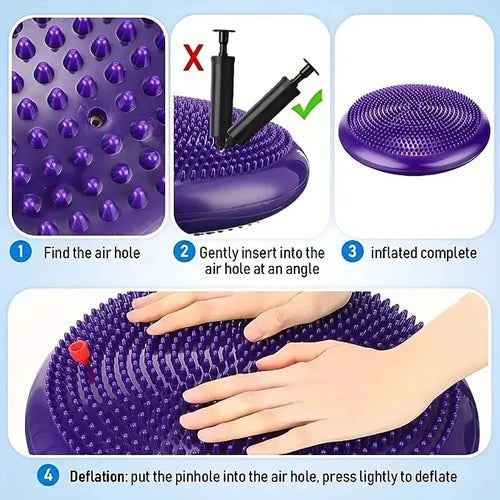 Anti-burst balance pad, smart yoga mat with massage cushion for fitness and Pilates workout, side angle inflation guide.