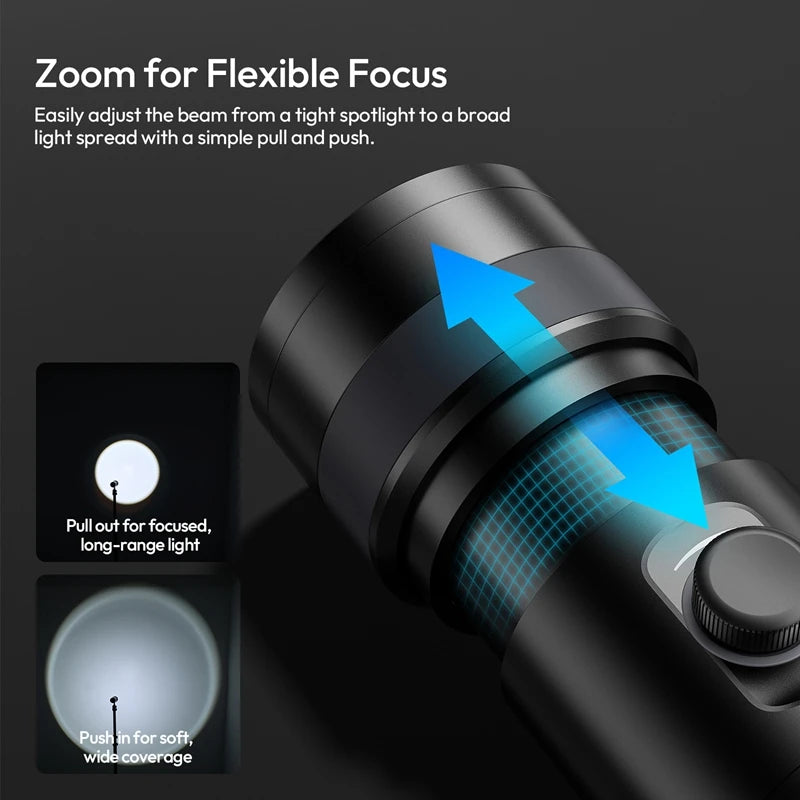 Black, cylindrical zoomable flashlight with a push-pull adjustable head for focused spotlight or wide flood beam light.