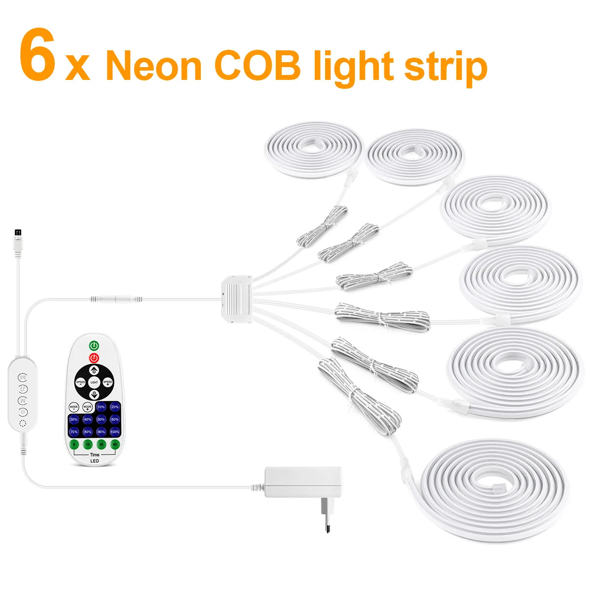6x neon COB LED strip light set with controller, adapter, and remote