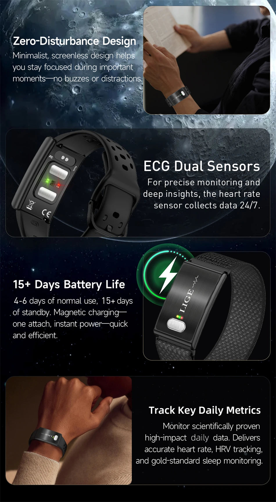 LIGE ECG HRV Health Smart Bracelet Heart Rate Blood Pressure Monitoring Body Fat BMI Body Temperature Fitness Tracker Smartwatch