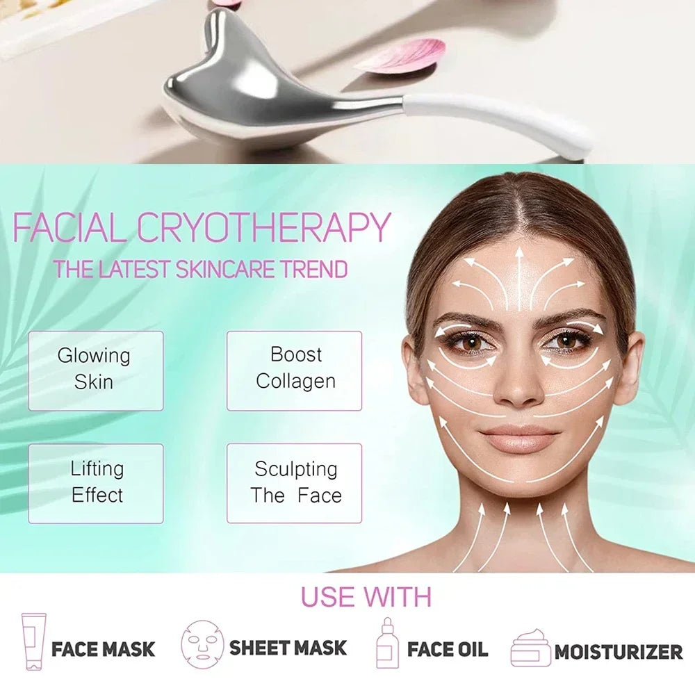 A shiny rose gold cryo facial massage tool next to a diagram of a face showing recommended massage directions.