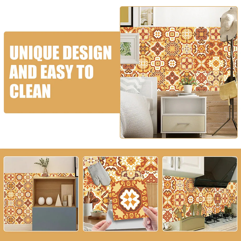 Vintage orange and cream mosaic tile decal set shown on a bathroom and kitchen surfaces