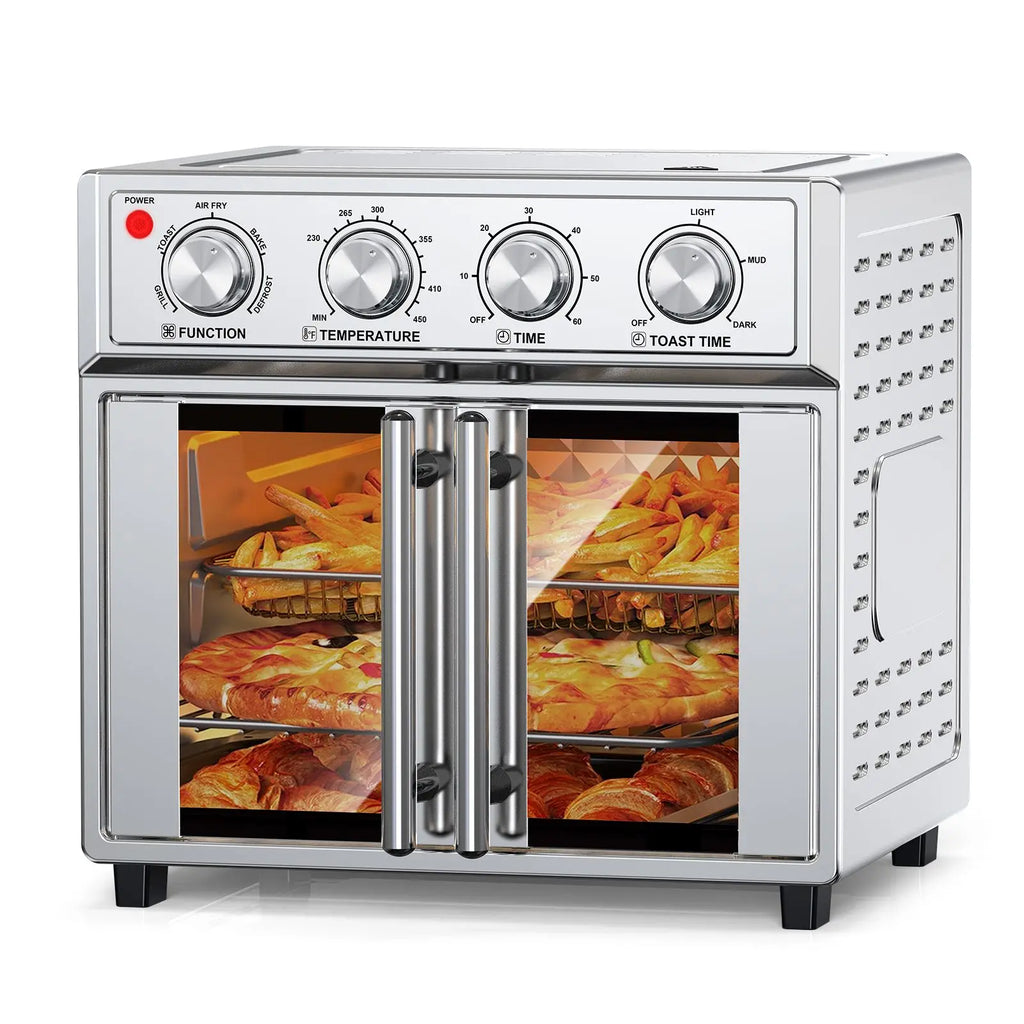 29.5 QT French Door Air Fryer Convection Toaster Oven, Extra Large 6 Slices, 1700W, Multifunction Oven for Air Fryer, Toast, Grill, Defrost, Bake, Time and Temperature Controls, Silver