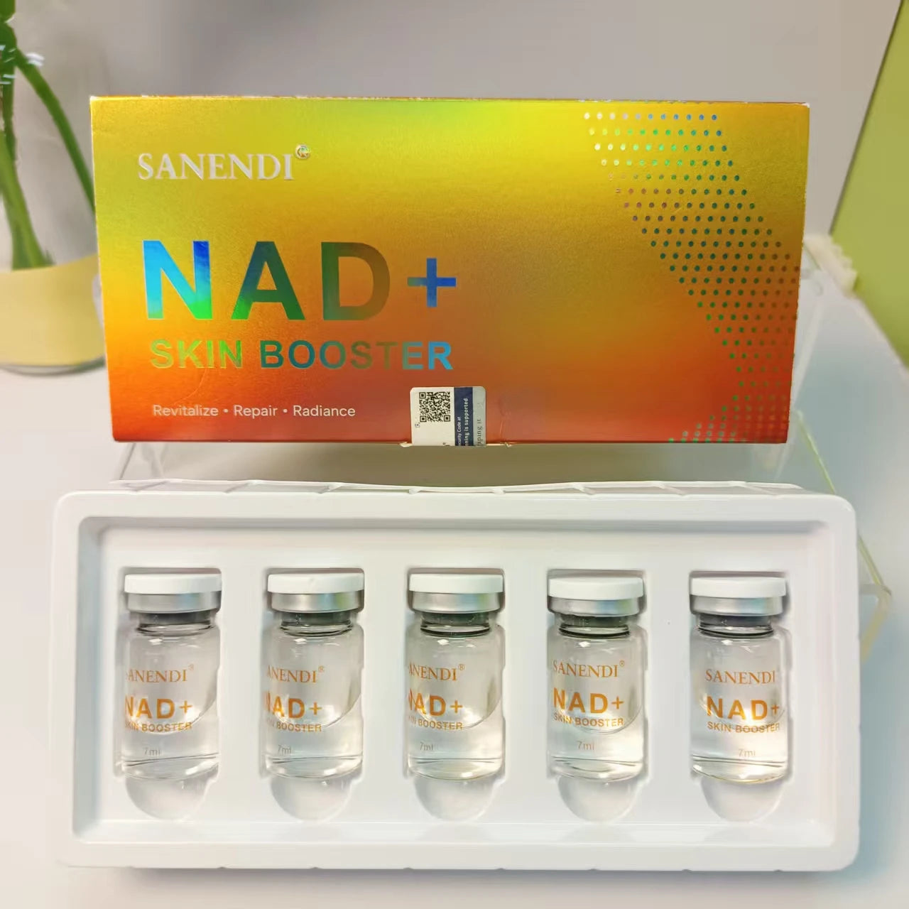 Sanendi NAD+ Complex Essence set: 5x7ml vials for skin brightening and anti-aging repair in a holographic gift box.