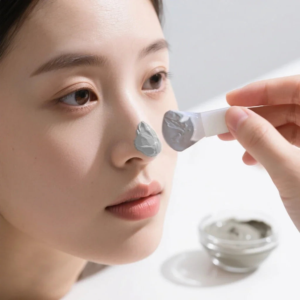 A person uses a white silicone facial mask applicator brush to apply gray mud mask onto the tip of their nose.