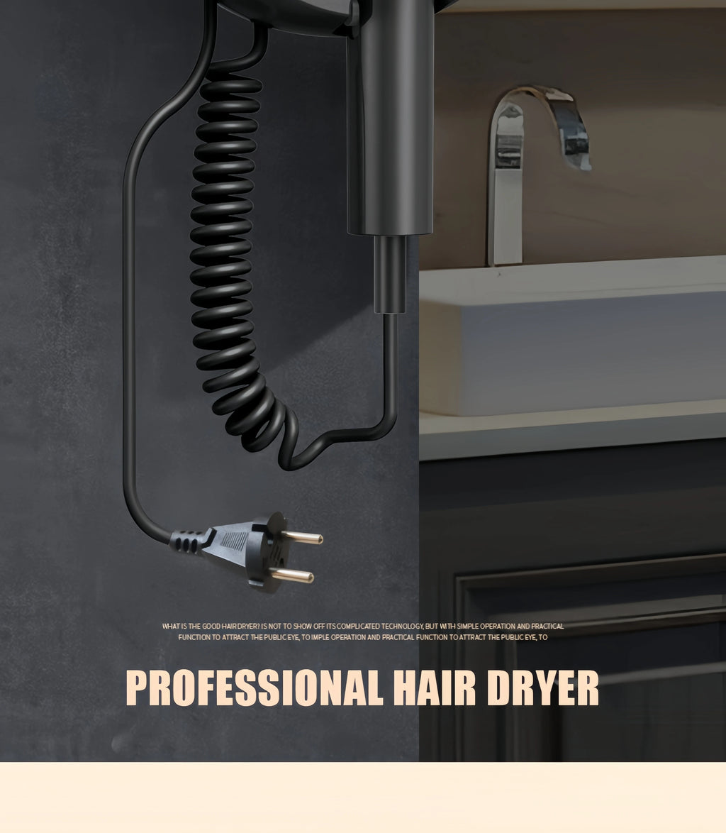 Black wall-mounted 1800W hair dryer with coiled cord, Euro plug, and nozzle attachment for home or hotel bathroom use.