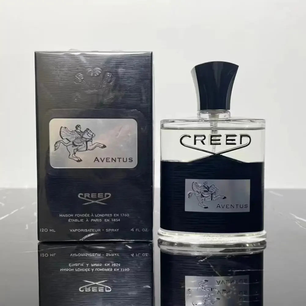 Creed Aventus Eau de Parfum spray for men, 120ml clear glass bottle with iconic black label and box packaging.
