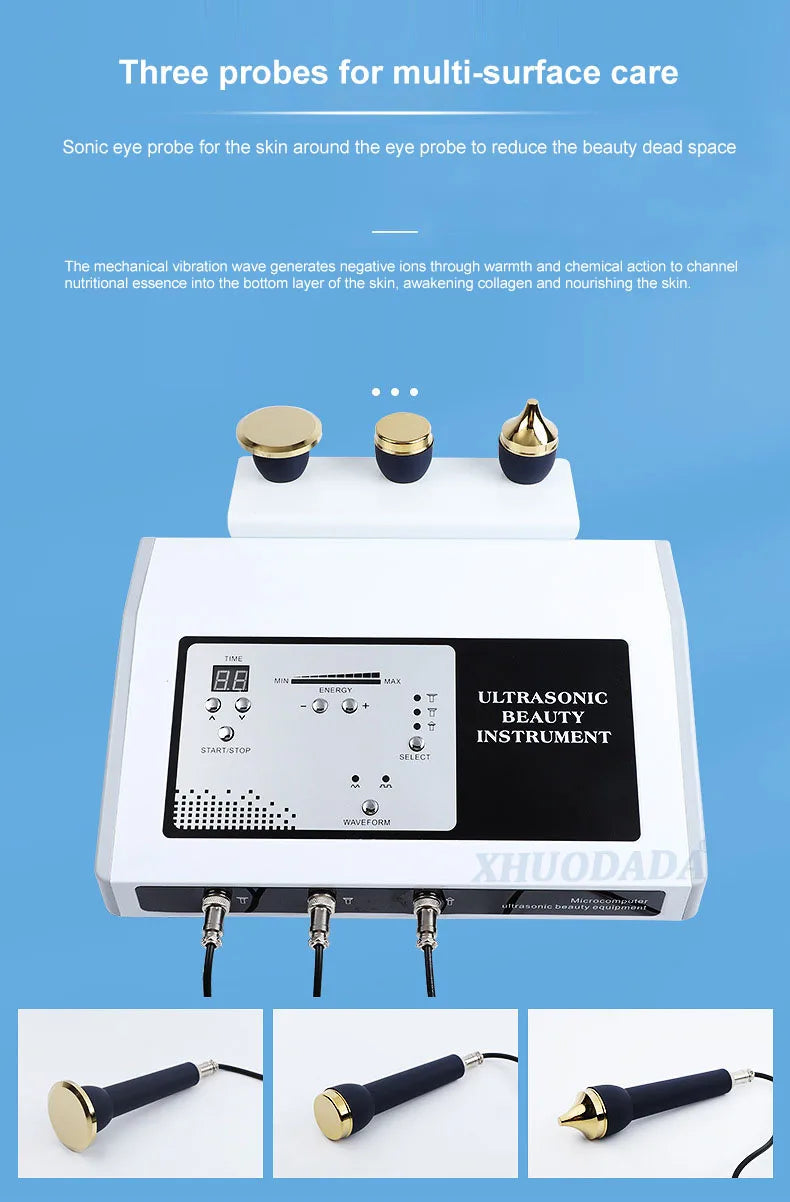 3-in-1 ultrasonic facial device with digital display, control panel, and three gold-tipped probes for skin rejuvenation.
