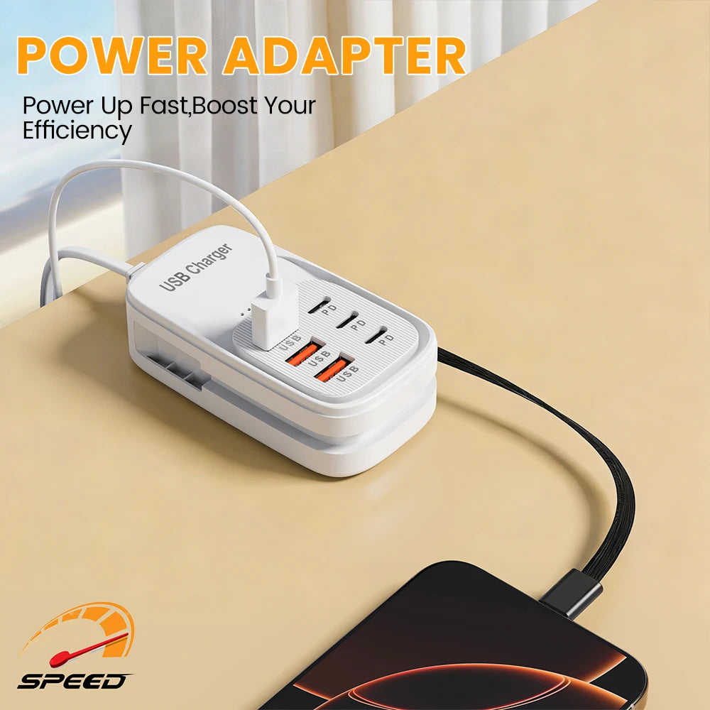 EU/US/UK 6-Ports USB Charging Extension Socket with Type-C Cable 3USB 3PD Power Strip Desktop Charging Station HUB Adapter 5V2A