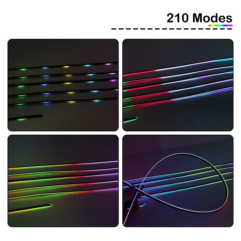 Flexible RGB LED strip light with 210 modes, showing various color patterns for decorative accent lighting.