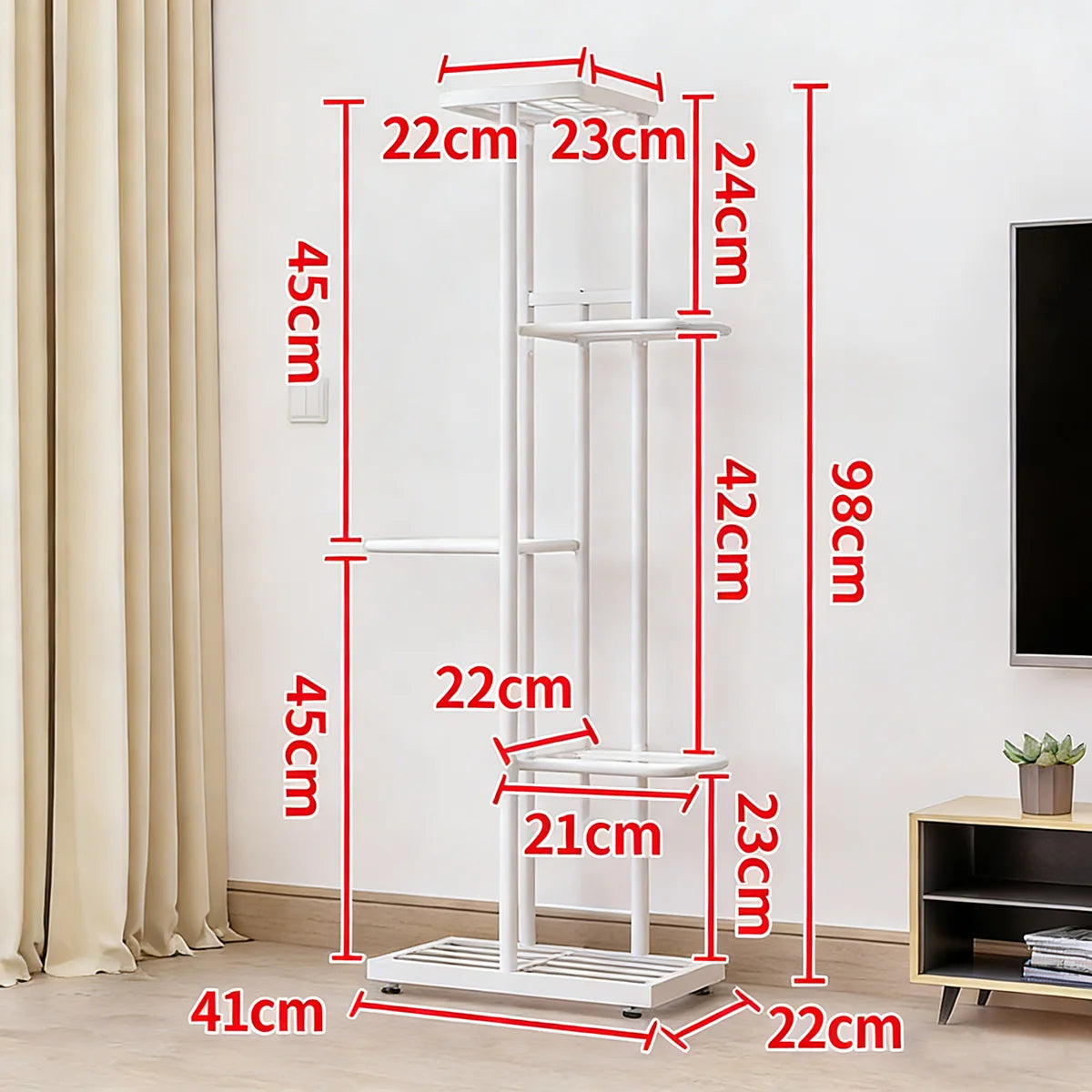 White multi-tier plant display shelf with open tier shelves and rectangular base