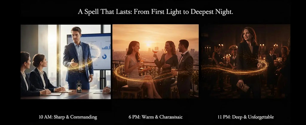 Tidesmit fragrance bottle shown in office, sunset social, and evening settings with a golden light trail effect.