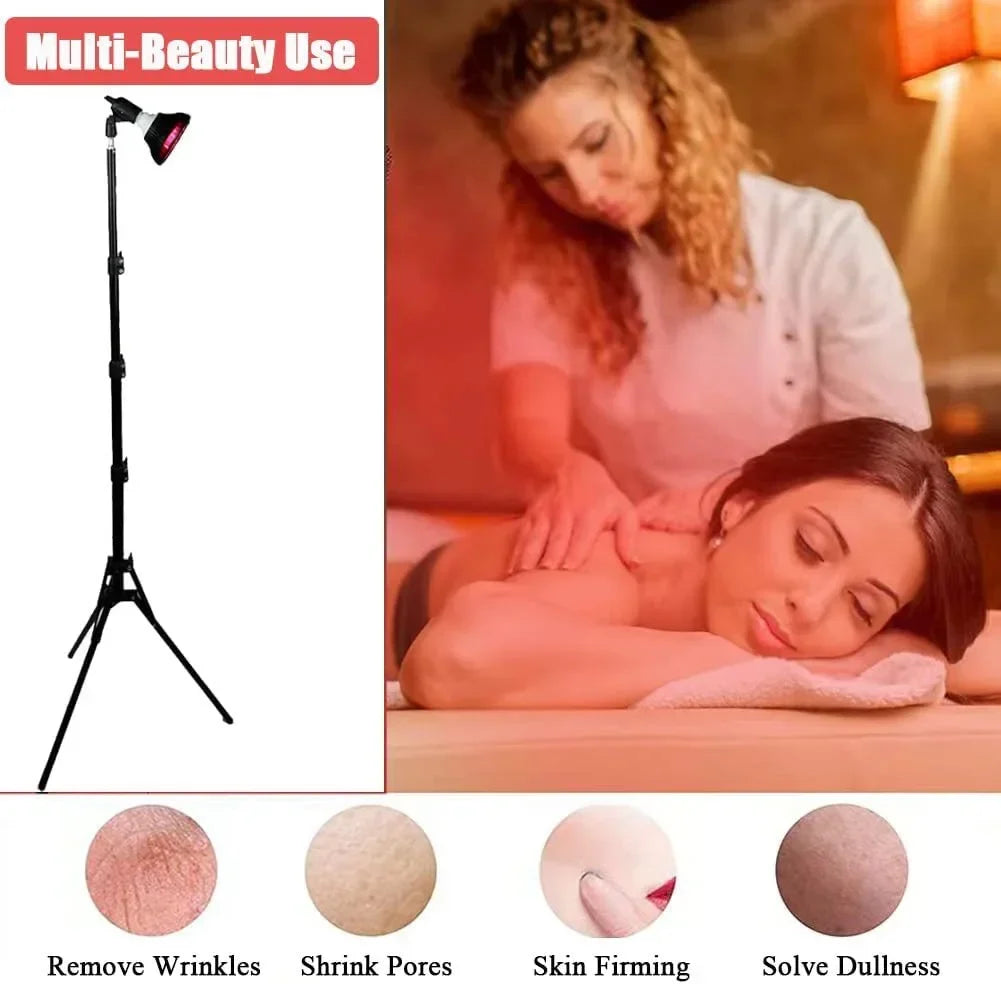Red light therapy lamp with adjustable floor stand for face skin care, anti-aging, and muscle pain relief at home.