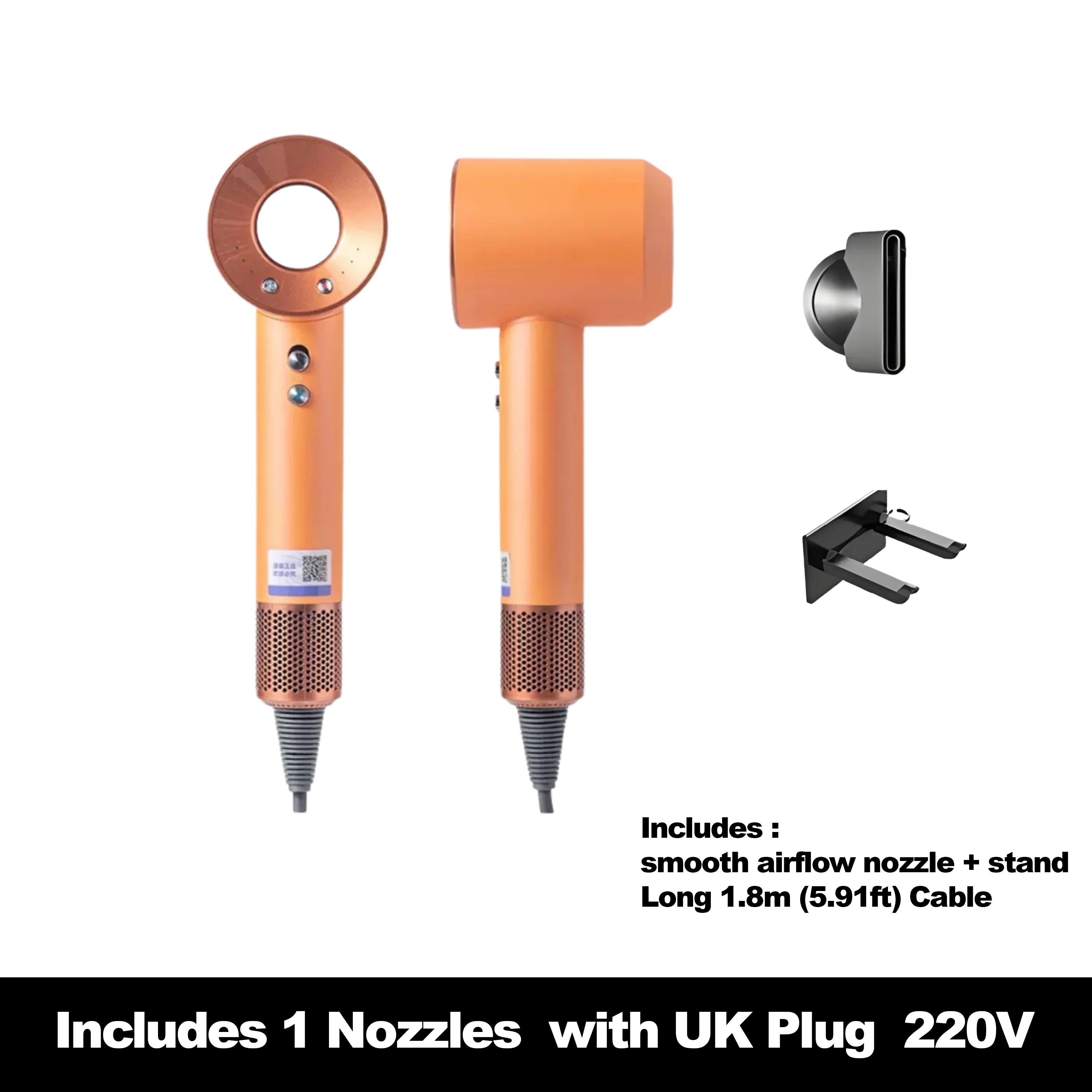 Orange high-speed ionic hair dryer with nozzle attachment, wall mount stand, and intelligent temperature control.