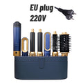 Blue and gold 6-in-1 multi-styler hair dryer set with curling barrels and hot air brush attachments in a storage case.