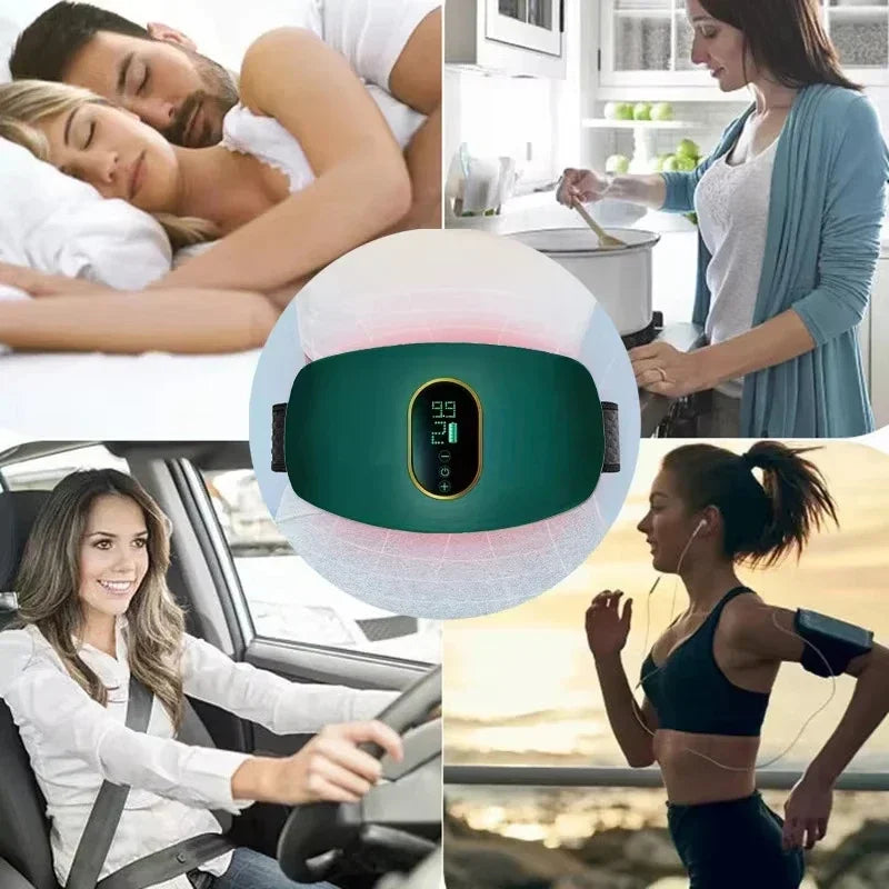 Dark green wearable menstrual heating pad with a digital display for pain relief, worn around the waist.